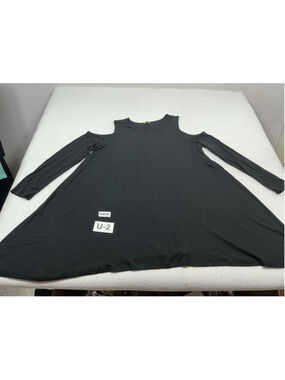 Womans Excellent LA Class Long Flowy Flared Blouse XL Black Cut Out Shoulders